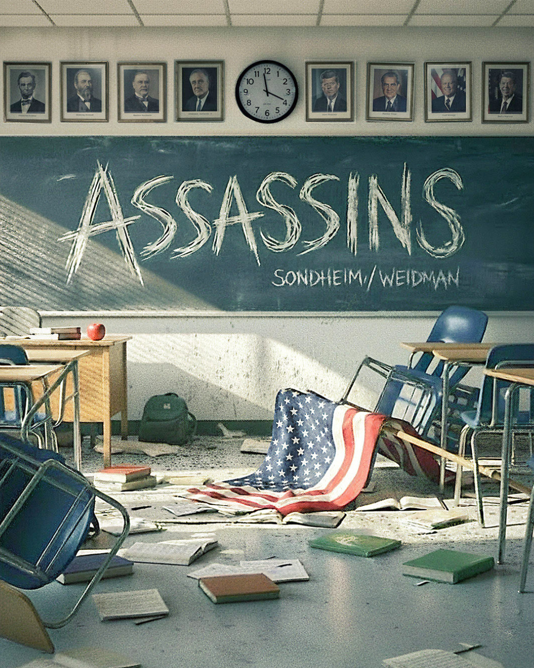 A wrecked classroom: desks overturned, papers scattered across the floor, an American flag slumped across a chair, a row of presidential portraits and a clock along the back wall.